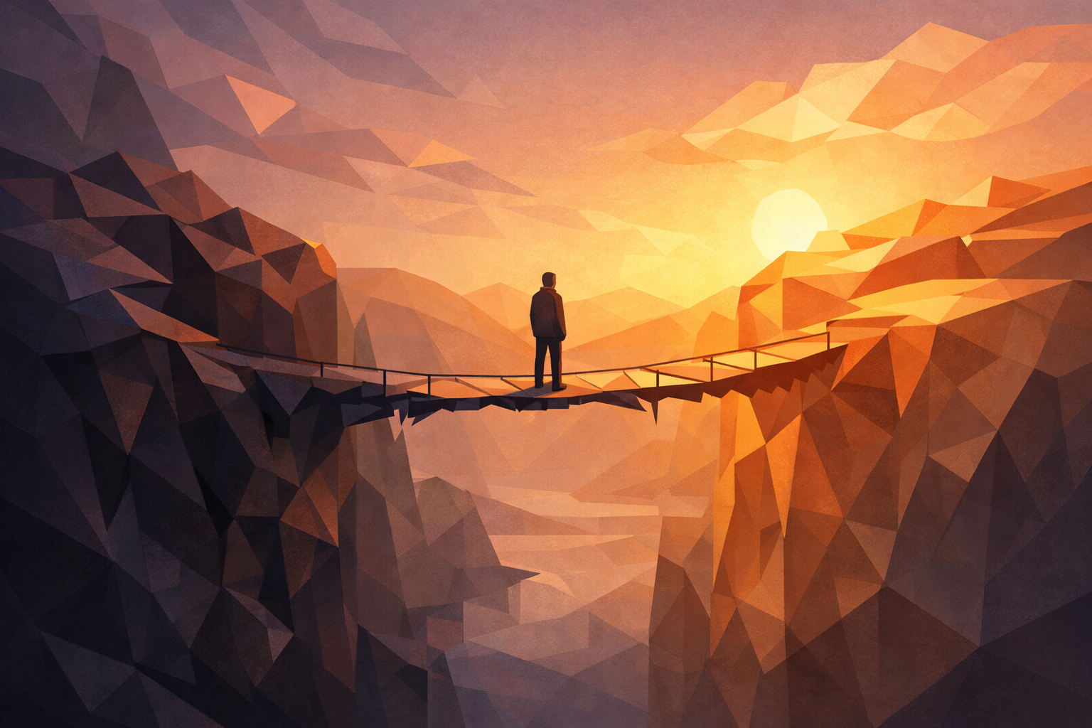 Low-poly illustration of a lone figure standing on a narrow bridge between shadow and warm light, symbolising the gap between crisis and care.