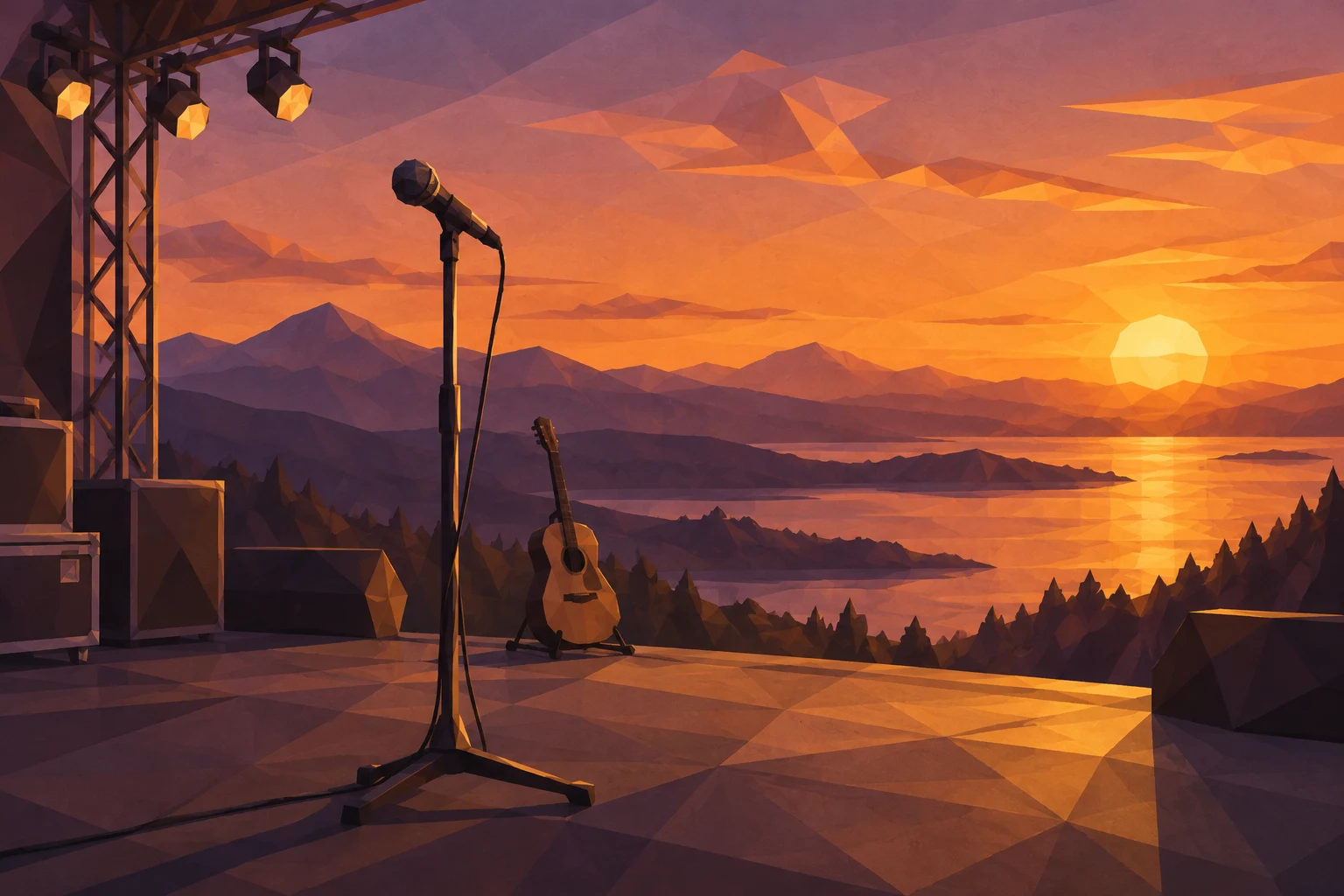 Low-poly microphone and acoustic guitar on an empty stage overlooking an amber sunset and purple mountains.